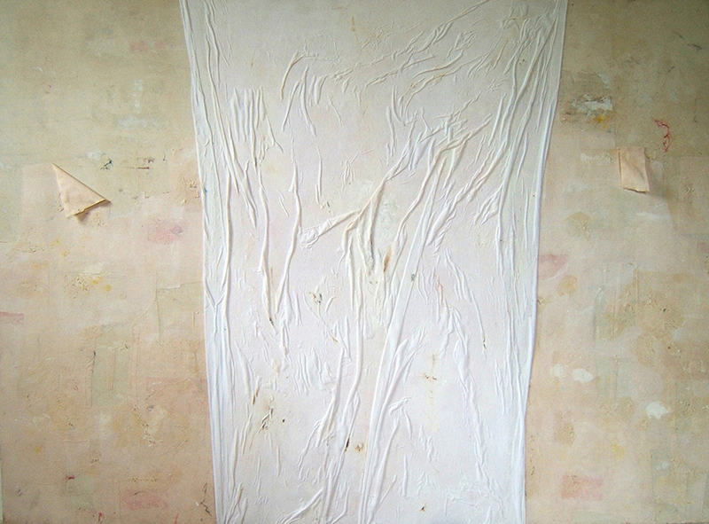 Tarcisio Pingitore - Lontananza, lenzuolo, pittura e tessuti su tela su compensato, cm 122x168